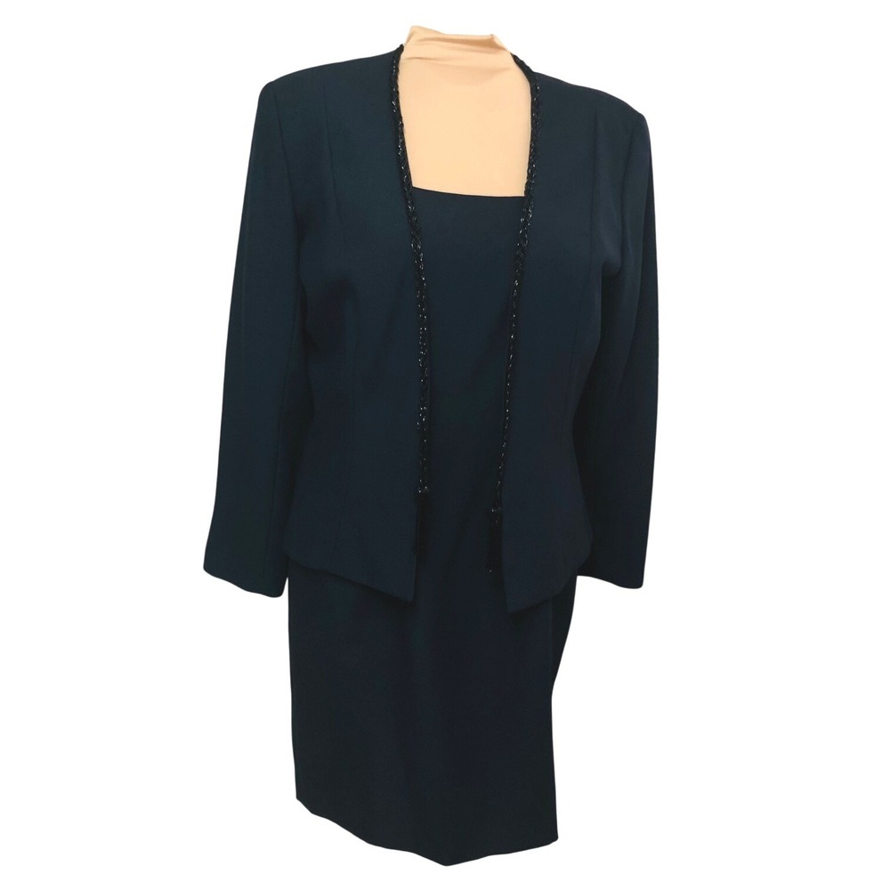 Vintage La Nuit Dress Suit Womens 14 Navy Beaded Minimalist USA Wedding  Mob 90s